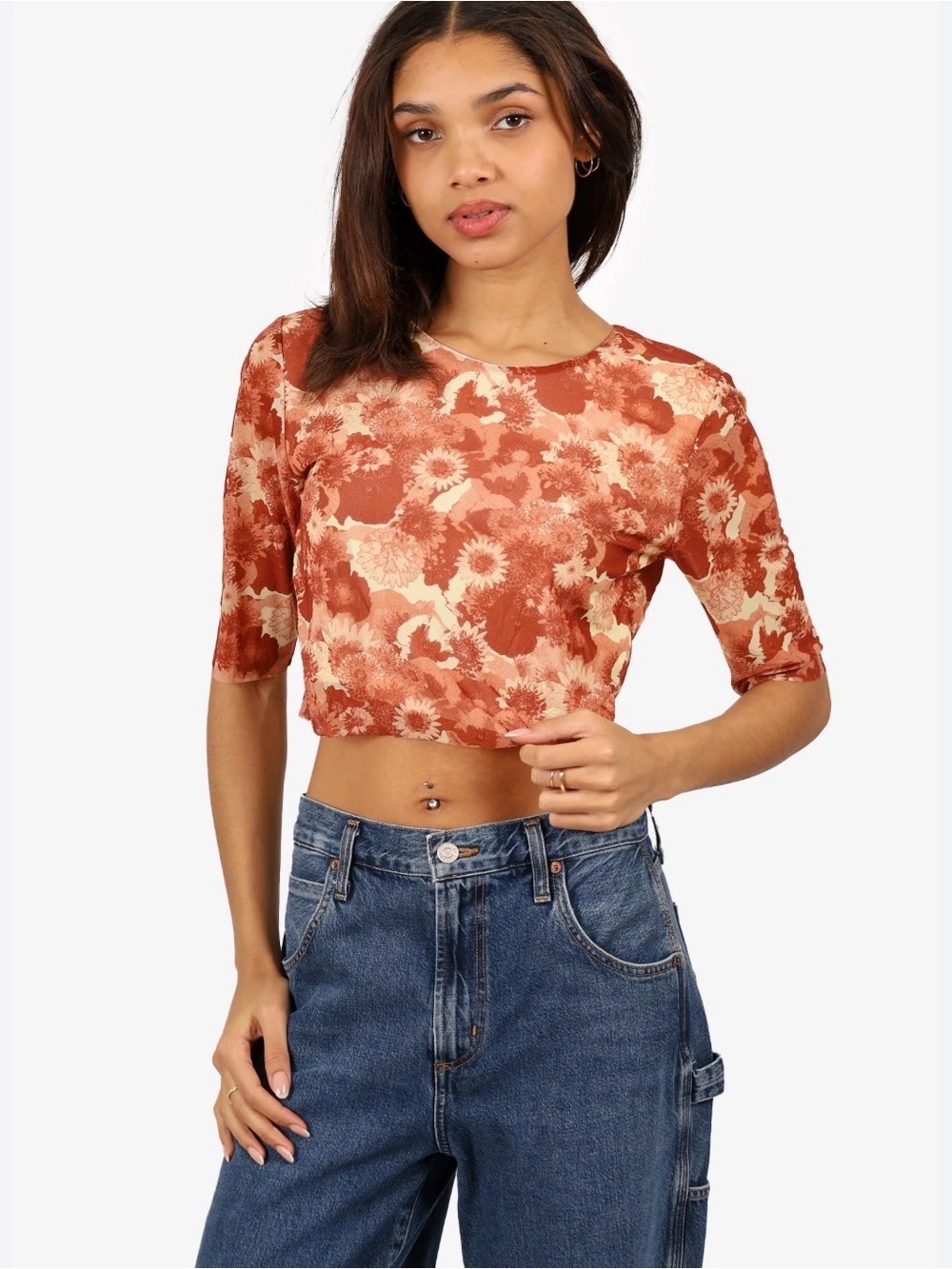 Ganni retro floral mesh crop top shirt orange brown rust stretch boho sz 34 US 2 - Picture 4 of 13